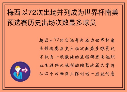 梅西以72次出场并列成为世界杯南美预选赛历史出场次数最多球员
